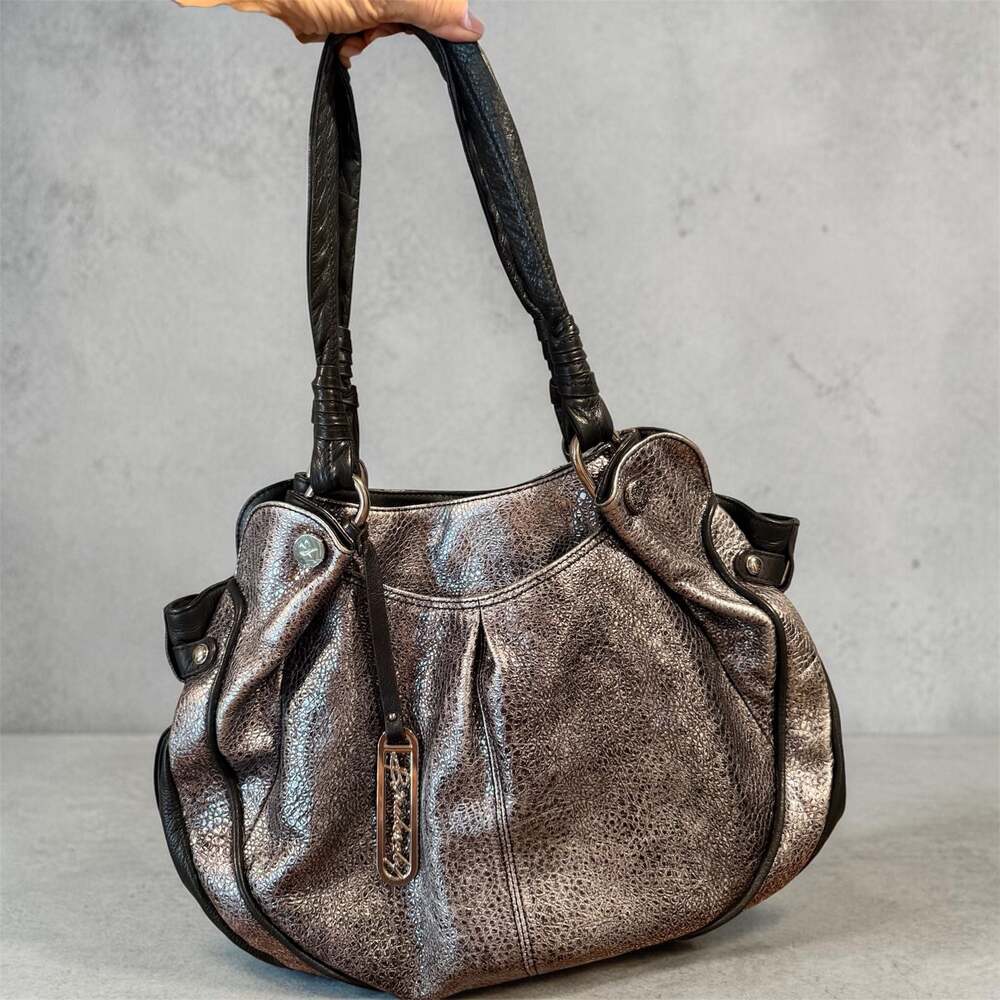 B. Makowsky Metallic Silver Leather Hobo Shoulder Bag with Leopard Lining